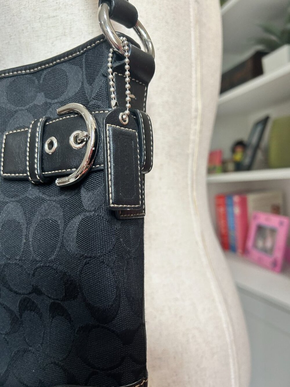 Coach Signature Shoulder Bag | Black Monogram Canvas Leather Buckle Accent - Picture 4 of 13